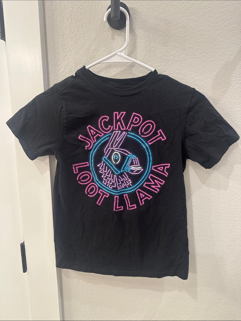 EUC Kids Fortnite Jackpot Loot Llama Graphic Tee - Black with Pink & Teal Print